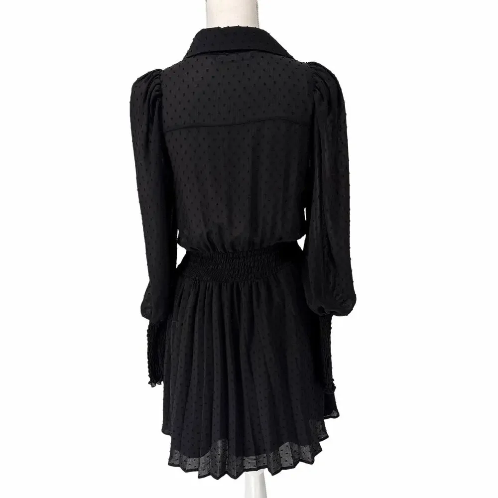Zara Black Chiffon Swiss Dot Smocked Detail Mini Dress Small - Picture 3 of 9
